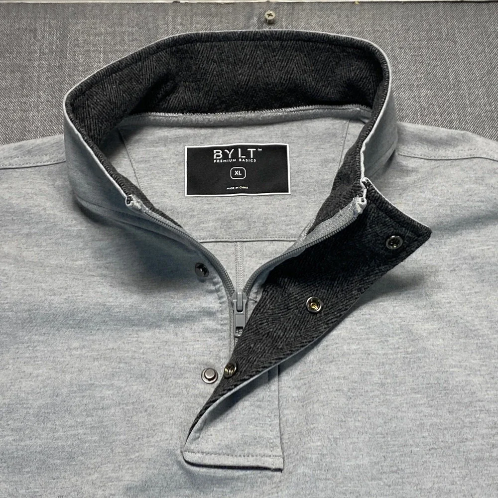 BYLT Premium Basics Mens XL Quarter Zip Snap Pullover Heather Gray Curved Hem